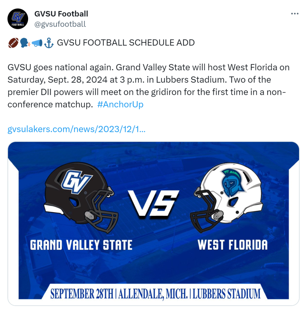 GVSU Football completes 2024 schedule with addition of West Florida